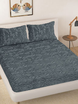 FABINALIV - Dark Grey Floral Embossed Bedsheet with 2 Pillow Covers (King)