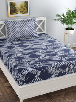 Florida - Navy Blue Geometric Bedsheet with 1 Pillow Cover (Single)