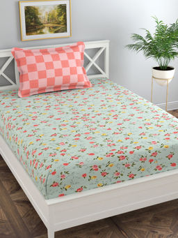 Florida - Green Floral Bedsheet with 1 Pillow Cover (Single)