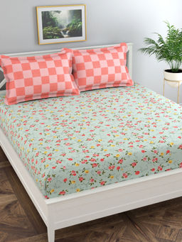 Florida - Green Floral Fitted Bedsheet with 2 Pillow Covers (Double)