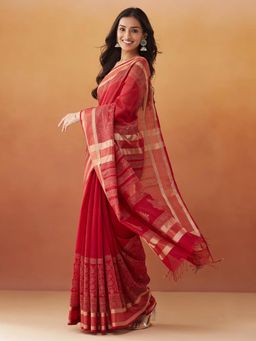 Fabindia - Red Cotton Silk Blend Hand Block Printed Saree without Blouse