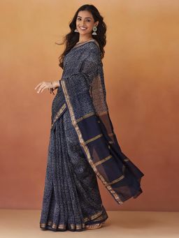 Fabindia - Indigo Cotton Silk Blend Batik Printed Saree without Blouse