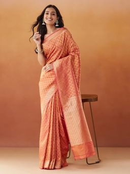 Fabindia - Orange Viscose Blend Woven Saree without Blouse