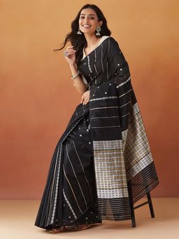 Fabindia - Black Cotton Silk Blend Woven Saree without Blouse
