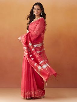 Fabindia - Pink Cotton Silk Hand Woven Saree without Blouse