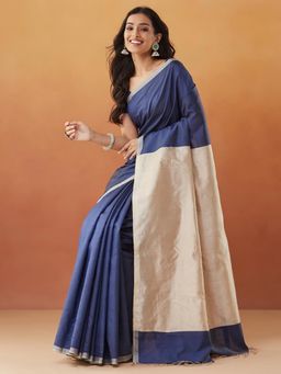 Fabindia - Navy Silk Hand Woven Saree without Blouse