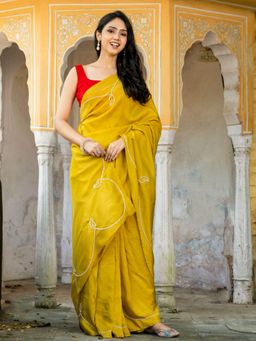 HOUSE OF JAMOTI - Mustard Pearl Motif Saree without Blouse