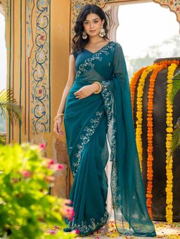 HOUSE OF JAMOTI - Pansy Blue Organza Saree without Blouse
