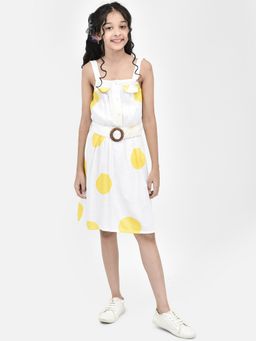 CRIMSOUNE CLUB - Girls White With Belt A-Line Printed Dress