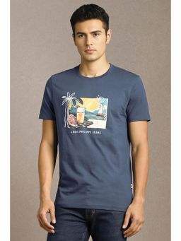 Louis Philippe - Men Blue Graphic Print Crew Neck T-Shirt