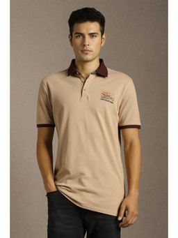 Louis Philippe - Men Beige Embroidered Polo Neck T-Shirt