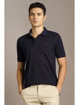 Louis Philippe - Men Navy Blue Solid Polo Neck T-Shirt