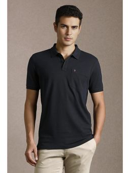Louis Philippe - Men Navy Blue Textured Polo Neck T-Shirt