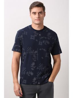 Peter England - Men Navy Blue Print Round Crew Neck T-Shirt