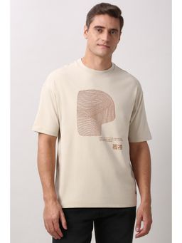 Peter England - Men Beige Graphic Print Round Crew Neck T-Shirt