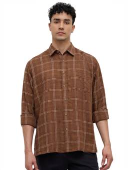 ColorPlus - Men Comfort Fit Checkered Dark Brown Shirt