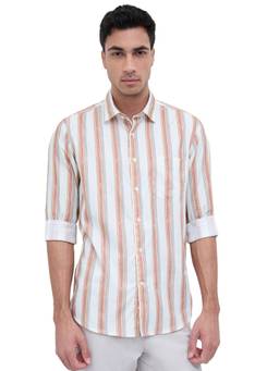 ColorPlus - Men Regular Fit Striped Medium Beige Shirt