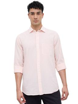 ColorPlus - Men Regular Fit Striped Medium Beige Shirt