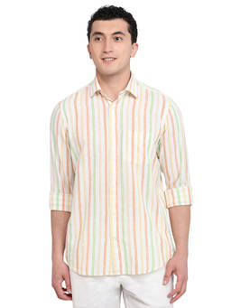 ColorPlus - Men Regular Fit Striped Medium Orange Shirt
