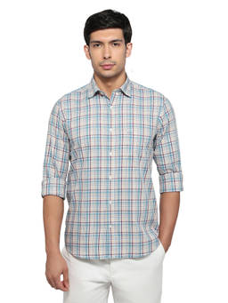 ColorPlus - Men Regular Fit Checkered Medium Blue Shirt