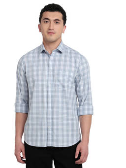 ColorPlus - Men Regular Fit Checkered Medium Blue Shirt