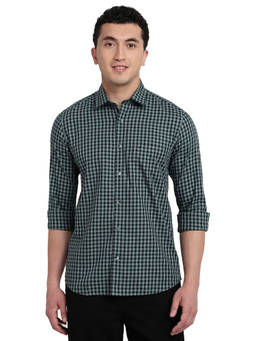 ColorPlus - Men Regular Fit Checkered Dark Green Shirt