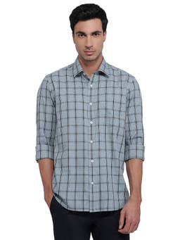ColorPlus - Men Regular Fit Checkered Medium Blue Shirt