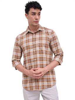 ColorPlus - Men Regular Fit Checkered Medium Orange Shirt