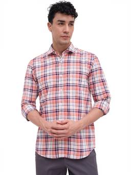 ColorPlus - Men Regular Fit Checkered Medium Orange Shirt