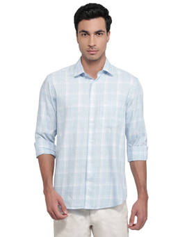 ColorPlus - Men Regular Fit Checkered Medium Blue Shirt