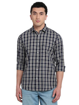 ColorPlus - Men Regular Fit Checkered Dark Blue Shirt