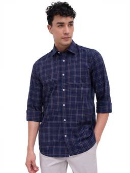 ColorPlus - Men Regular Fit Checkered Dark Blue Shirt