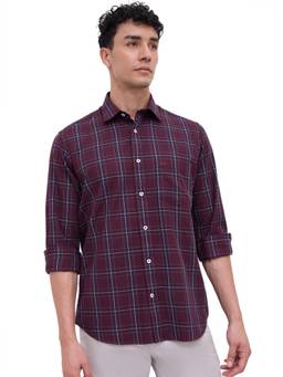 ColorPlus - Men Regular Fit Checkered Dark Maroon Shirt