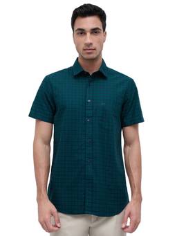 ColorPlus - Men Regular Fit Checkered Dark Green Shirt