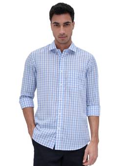 ColorPlus - Men Regular Fit Checkered Medium Blue Shirt