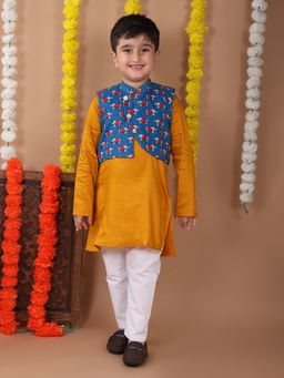 Kinder Kids - Solid Kurta & Pyjama With Elephant Printed Jacket - Yellow And Blue