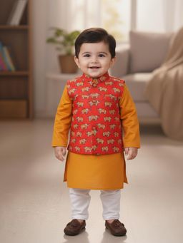 Kinder Kids - Solid Kurta & Pyjama With Elephant Printed Jacket - Yellow And Red