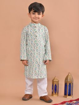 Kinder Kids - Cotton Blend Full Sleeves Abstract Printed Kurta & Pyjama- Blue