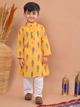 Kinder Kids - Cotton Blend Full Sleeves Fish Printed Kurta & Pyjama- Yellow