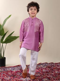Kinder Kids - Cotton Full Sleeves Floral Foil Kurta & Pyjama- Purple