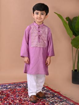 Kinder Kids - Cotton Full Sleeves Floral Foil Kurta & Pyjama- Purple