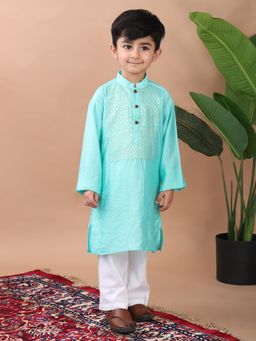 Kinder Kids - Cotton Full Sleeves Floral Foil Kurta & Pyjama- Blue