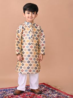 Kinder Kids - Cotton Blend Full Sleeves Abstract Printed Kurta & Pyjama- Multi Colour