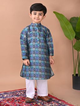 Kinder Kids - Cotton Blend Full Sleeves Bandhani Printed Kurta & Pyjama- Blue