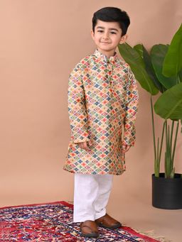 Kinder Kids - Cotton Blend Full Sleeves Abstract Printed Kurta & Pyjama- Multi Colour