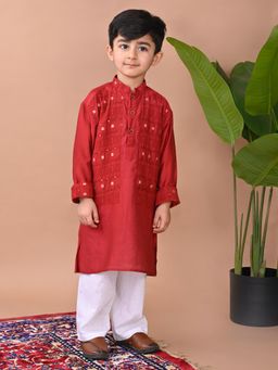 Kinder Kids - Cotton Full Sleeves Threadwork Sequins Embellished Kurta & Pyjama- Red