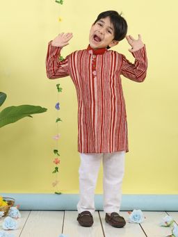 Kinder Kids - Cotton Full Sleeves Stripe Kurta & Pyjama - Red And White