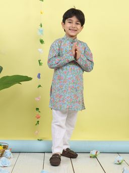 Kinder Kids - Cotton Full Sleeves Floral Kurta & Pyjama - Blue And White
