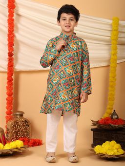 Kinder Kids - Cotton Silk Full Sleeves Patola Printed Kurta & Pyjama- Green