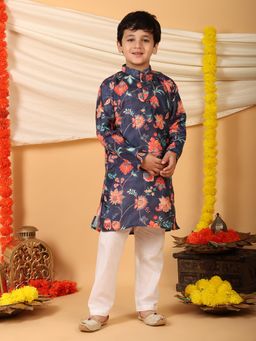 Kinder Kids - Cotton Silk Full Sleeves Floral Kurta & Pyjama- Blue